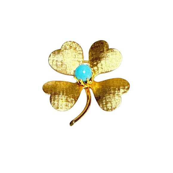 Vintage Gold Tone Clover Leaf Brooch with Turquoise Blue Cabochon Center - Picture 6 of 7
